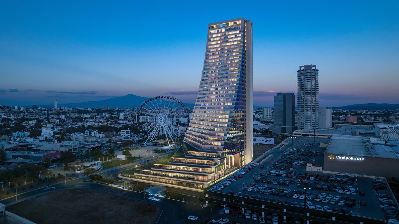 Vista aérea de la torre ANDEZA al atardecer